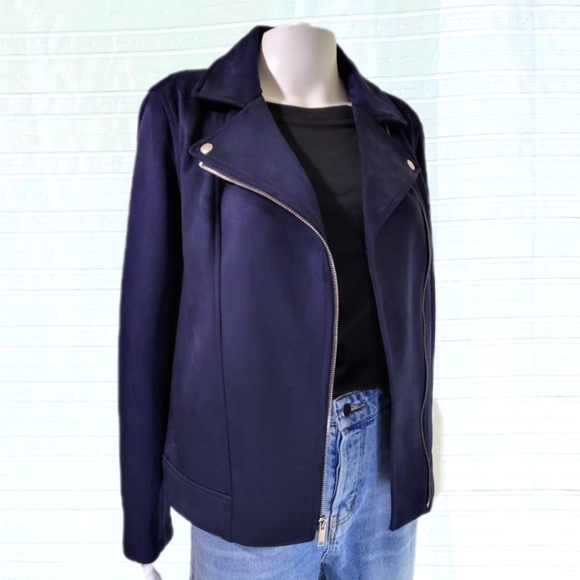 Micro-suede Moto Bomber Style Jacket in Navy Blue Size Medium - Picture 1 of 6